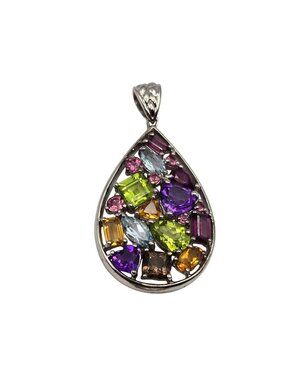 Multi-Stone Sterling Silver Teardrop Pendant With Vibrant Gemstones